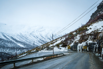 Road through snowy mountains 
