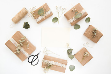 Handmade wrapped craft gift boxes. Presents with copy space. Flat lay