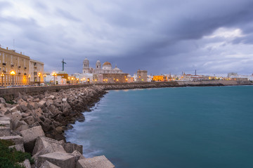 Evening cityscape with cathedral in Cadiz,Spain