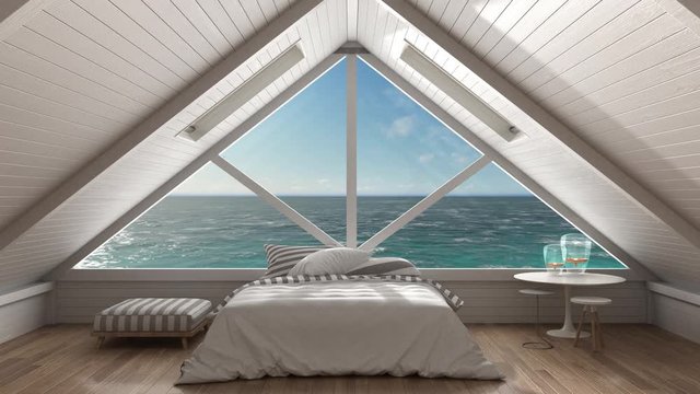 Panoramic window on open sea ocean, mezzanine loft, bedroom with relaxing double bed, minimalist scandinavian interior design