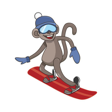 Cheerful monkey snowboarding. Animal on white background. vector illustration