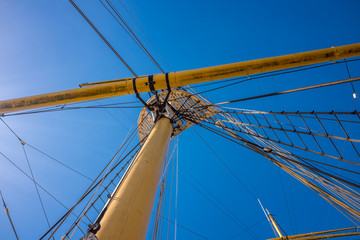 ropes rigging masts and stays on traditional sailing ship
