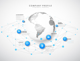 Company profile overview template with blue circles, dots and polygonal globe - light version.