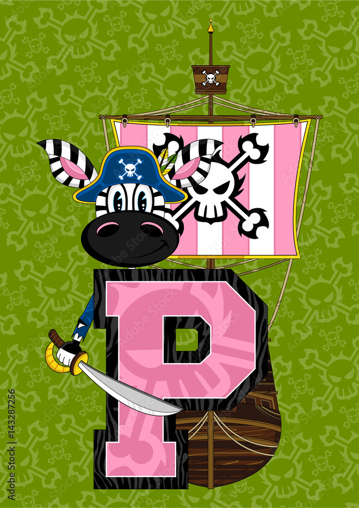 Sticker p is for pirate zebra alphabet learning illustration