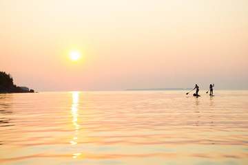 Fototapeta premium Attractive Young couple Stand Up Paddle Boarding,