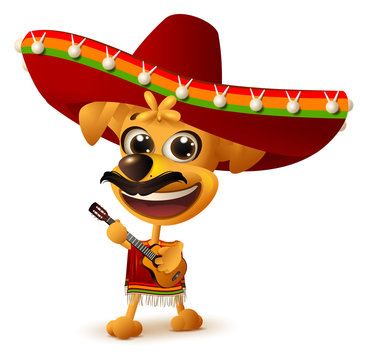 Mexican dog in sombrero plays guitar
