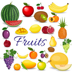 Set of colorful cartoon fruit. Set of fresh healthy fruits.
