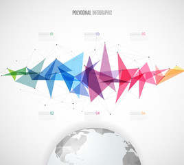 Infographic template with polygonal map and colorful objects - light version.