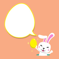Obraz premium Cartoon rabbit carrying easter egg with white speech bubble