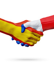 Flags Spain, France countries, partnership friendship handshake concept.