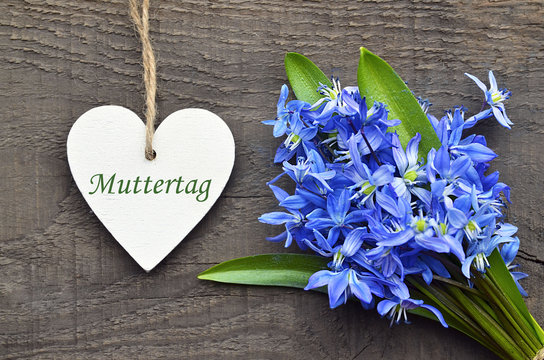 Mothers Day greeting card with blue first  spring flowers and decorative wooden heart with german text Muttertag.Selective focus.