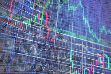 Double exposure dollar bills on forex market chart. stock market financial concept.