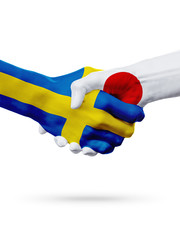 Flags Sweden, Japan countries, partnership friendship handshake concept.