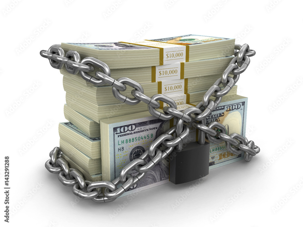 Poster pile of dollars and lock. image with clipping path