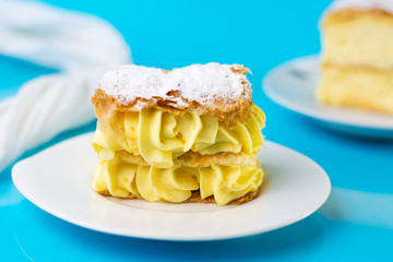 Italian cremeschnitte sweet cream pie on a plate