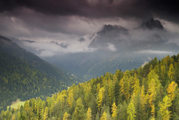 The Dolomites mountains seen from the beautiful road ( Strada Veia de Muncion) to Gardeccia refuge, Northern Italy, South Tyrol, Italy, Europe