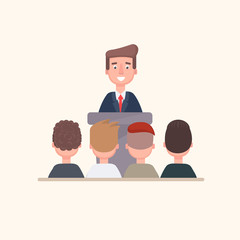 The businessman tells his team standing on the podium.