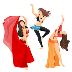 Belly dancers set of girls isolated on white background.