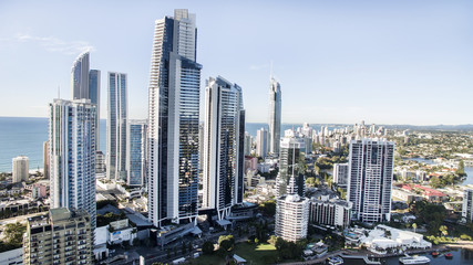 Fototapeta na wymiar Surfers Paradise city centre's famous skyline viewed from above.