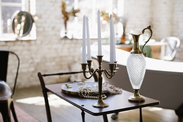 Interior of a vintage bathroom with freestanding bathtub