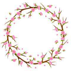 Spring frame with branches of tree and sakura flowers. Seasonal illustration