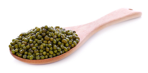 green bean in wood spoon on white background
