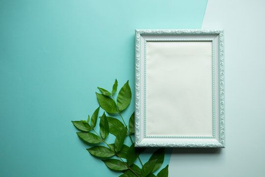 Mockup of blank photo frame with green plant on blue background, simple and minimal style