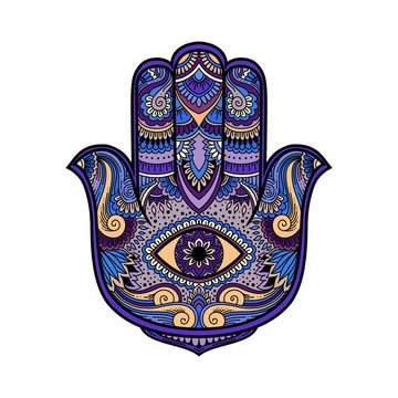 multicolored illustration of a hamsa hand symbol. Hand of Fatima religious sign with all seeing eye. Vintage boho style. Vector illustration in doodle zen tangle style