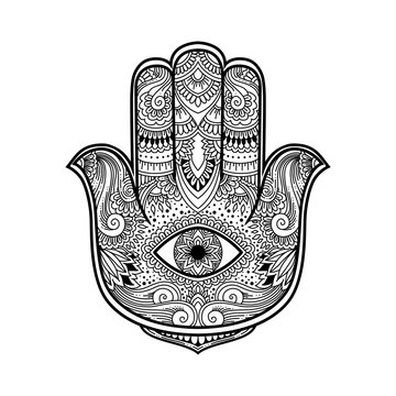 Black and white illustration of a hamsa hand symbol. Hand of Fatima religious sign with all seeing eye. Vintage boho style. Vector illustration in doodle zentangle style