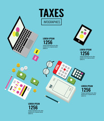 Isometric Taxes infographics. Data analysis, paperwork, financial research, report. Businessman calculation tax return. Flat design elements. vector illustration