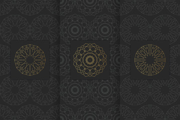 Collection of black backgrounds and golden geometric elements. Set of labels, icons, logos and seamless patterns.Templates with luxury foil for packaging