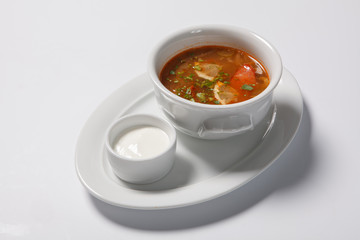 Homemade meat soup, Solyanka or saltwort.