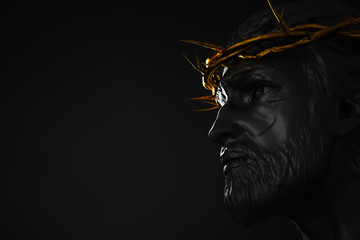 Jesus Christ Statue with Gold Crown of Thorns 3D Rendering Side Angle Empty Space