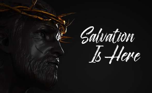 Salvation is Here Jesus Christ Statue with Gold Crown of Thorns 3D Rendering Side Angle