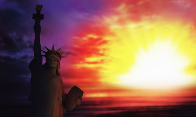 The silhouette of Statue of Liberty under sunrise background 3d render