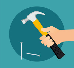 Hammer and nails. Carpenter hammer isolated icon. Worker using hammer and nails. Vector flat illustration