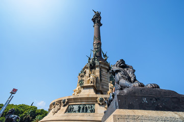 Sunny view of Monument of Columbus in Barcelona, Spain.