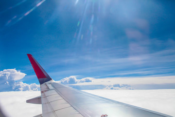 Airplane wing fly on blue sky | Trip travel business | Transportation commercial