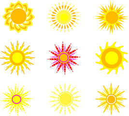 Set of 9 suns, yellow, orange, red lights in different shapes, sign, symbol, icon
