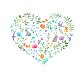 Cute easter heart - rabbits, eggs, vintage flowers and birds. Watercolor