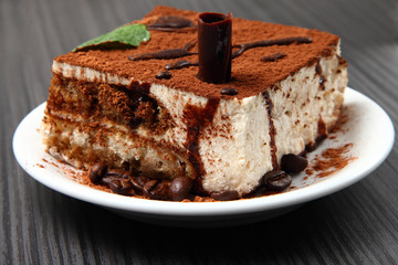Italian tiramisu dessert/ tiramisu dessert on a porcelain plate