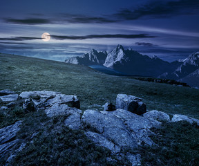 Naklejka premium rocky peaks and rocks on hillside at night