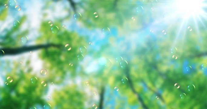 soap bubbles floating on green nature background under blue sky with sun rays light, bubble blower movement