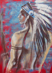 Fototapeta na wymiar The Indian, fantasy artistic portrait of north-american young man, in traditional head dress made of feathers. Original art, pastels on paper