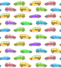 Seamless vector pattern with colored cars, flat style. Sedan or supercar, hatchback or family car and yellow taxi. Vector illustration.