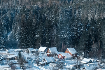 View of the cottages in Russia near forest