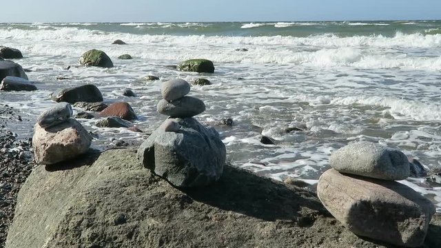 rocks on beach of baltic sea coastline of Wustrow and Ahrenshoop (Germany)