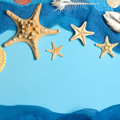 Fototapeta na wymiar Marine blue background with seashells and starfish in fishing nets with place for your text
