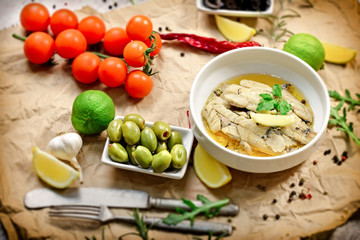 Healthy fish meal - herring fillets in oil