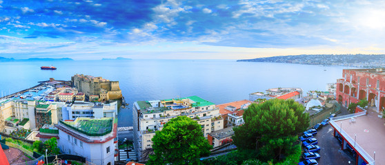 Panoramic seascape of Naples, view of the port in the Gulf of Naples, Ovo Castle.Castel dell'Ovo, and the island Capri. The province of Campania. Italy.